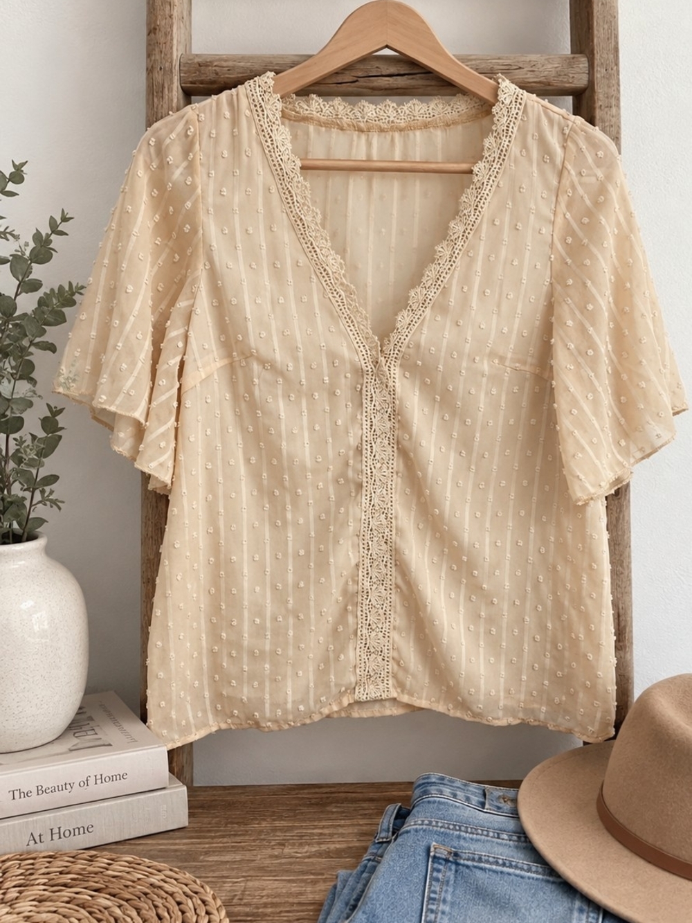 Lace-Trim Swiss Dot Blouse - Cream